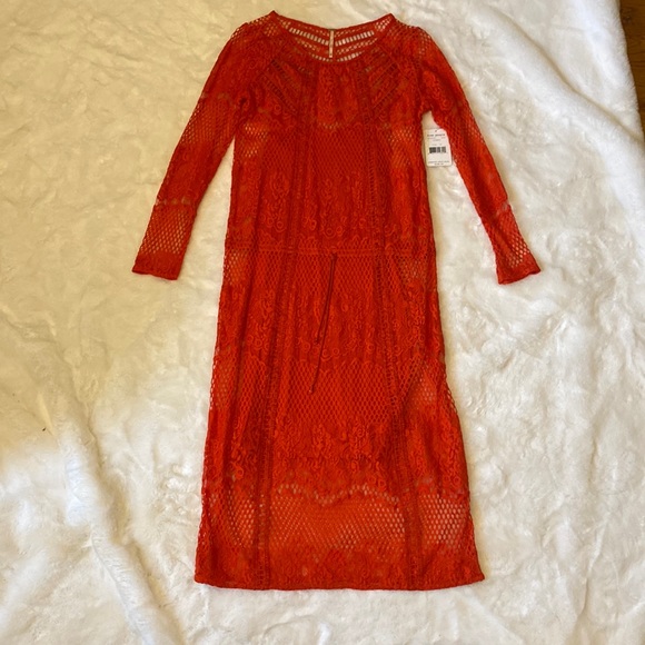 NWT Free People Pimento Red XS Lace Midi Dress - Picture 2 of 12